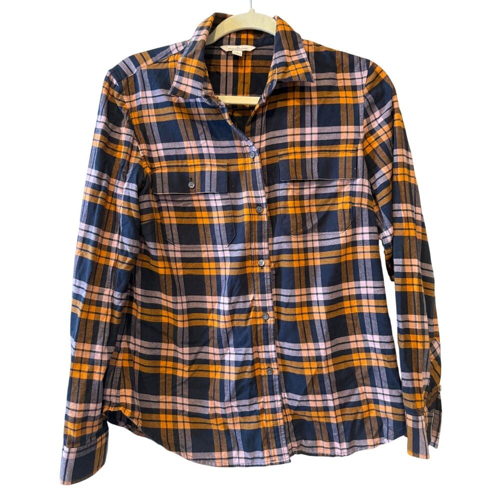LL Bean Signature Flannel Shirt Navy Blue Orange Plaid 6